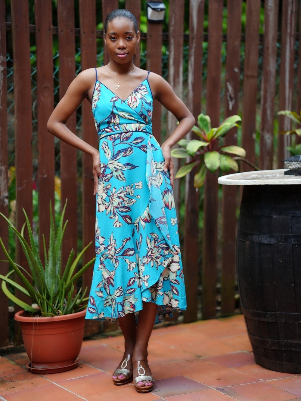 Band of the Free Summer Turquoise Floral Wrap Style Boho Midi Dress